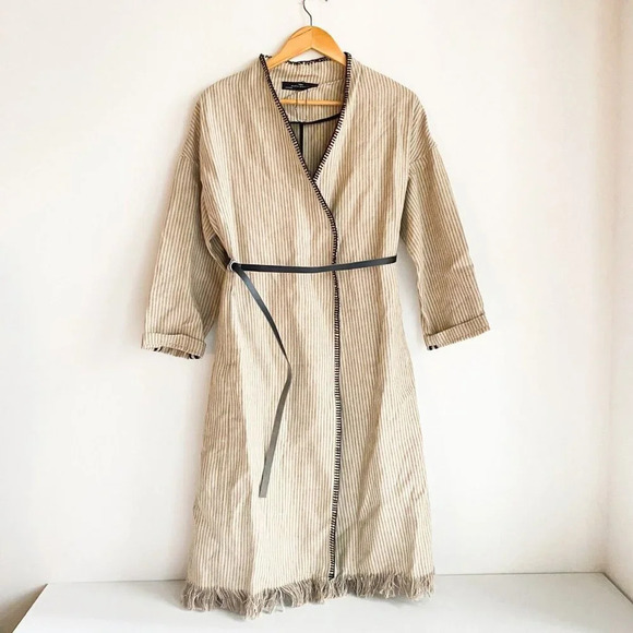 Zara Linen Striped Belted Whipstitch Simple Minimalist Coat  S - Picture 3 of 10